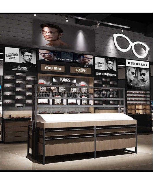 Custom Wall Mounted Sunglass Store Design Wooden Optical Shop Interior Design
