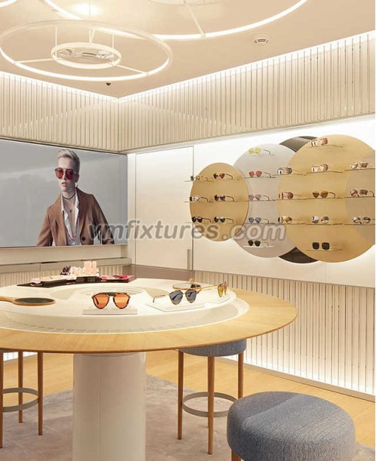 Custom Wall Mounted Sunglass Display Wooden Optical Shop Design