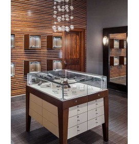 Commercial Custom Tempered Glass Wooden Jewelry Shop Display Cabinet Design