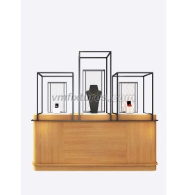 Luxuriöses kreatives Design aus Holz, gehärtetes Glas, Arbeitsplatte, Schmuckgeschäft, Vitrine