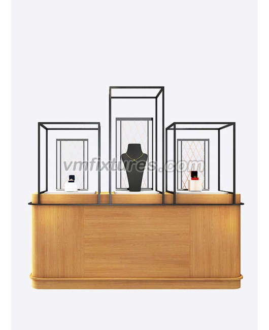 Vetrina per gioielleria da banco in vetro temperato di lusso dal design creativo in legno