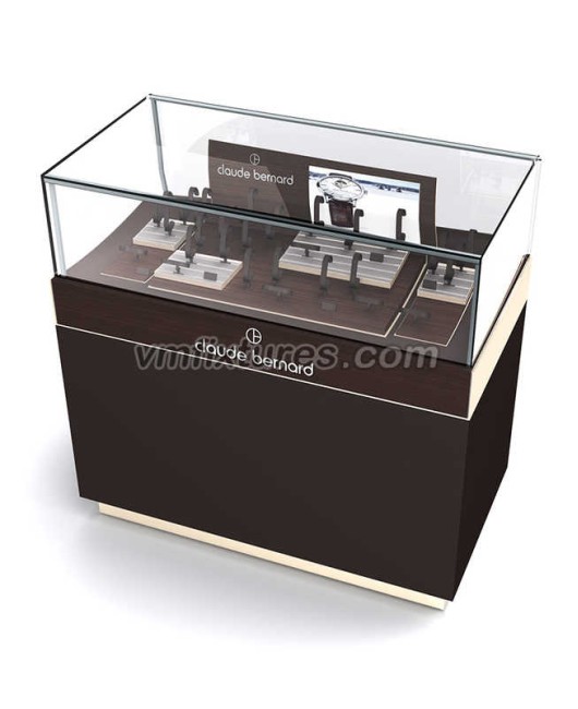 Diseño de mostrador de exhibición de tienda de relojes de vidrio de madera de gama alta