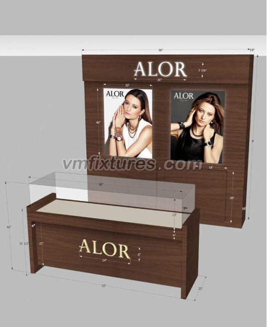 Toko Perhiasan Kayu Showcase Display Counter Dan Wall Mounted Display Cabinet