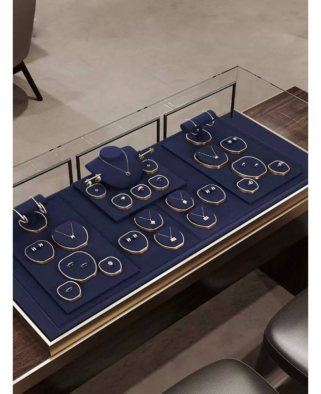 Luxury Gold Trim Navy Blue Velvet Jewelry Display Set Luxury Gold Trim Navy Blue Velvet Jewelry Display Set