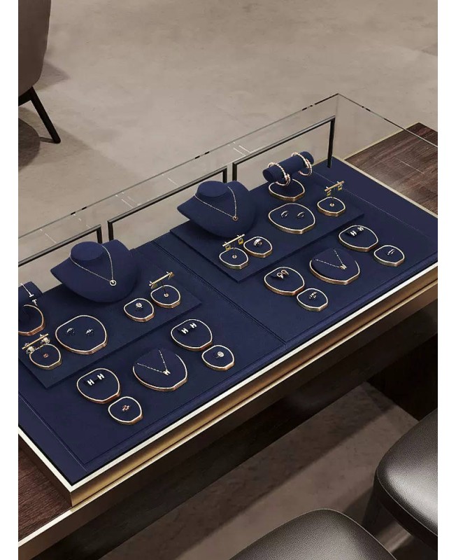 Luxury Gold Trim Navy Blue Velvet Jewelry Display Set Luxury Gold Trim Navy Blue Velvet Jewelry Display Set
