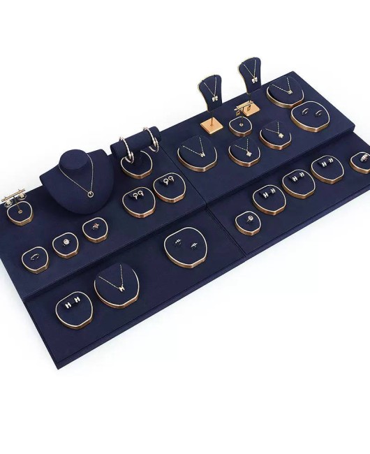 Luxury Gold Trim Navy Blue Velvet Jewelry Display Set