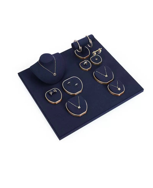 Luxury Gold Trim Navy Blue Velvet Jewelry Display Set For Sale