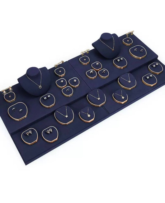 New Gold Trim Navy Blue Velvet Jewelry Display Set For Sale
