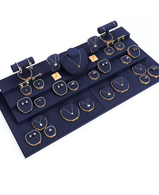 New Retail Gold Trim Navy Blue Velvet Jewelry Display Set For Sale
