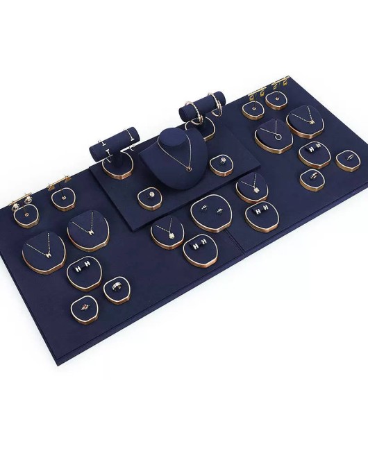 Popular Gold Trim Navy Blue Velvet Jewelry Display Set