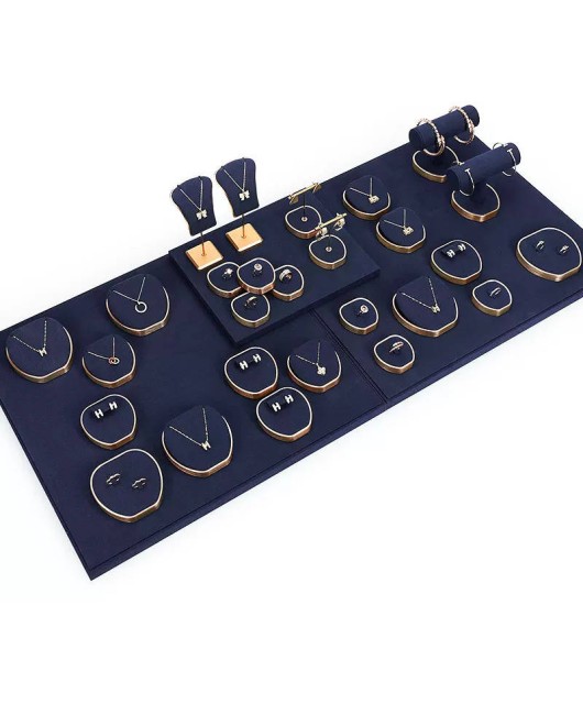Popular New Gold Trim Navy Blue Velvet Jewelry Display Set For Sale