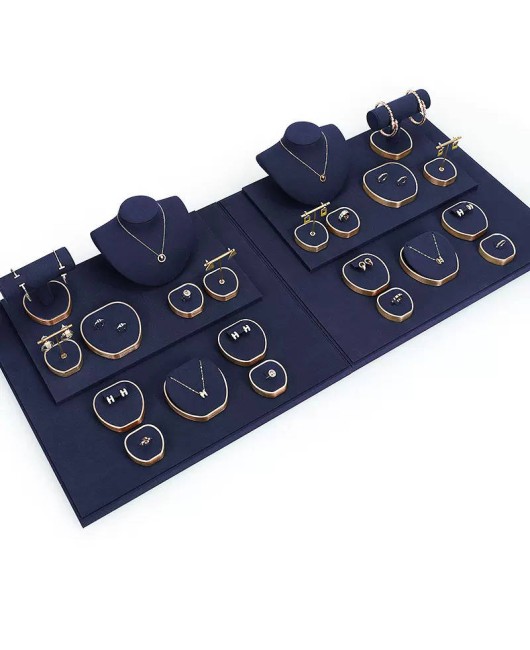 Premium Gold Trim Navy Blue Velvet Jewelry Display Set