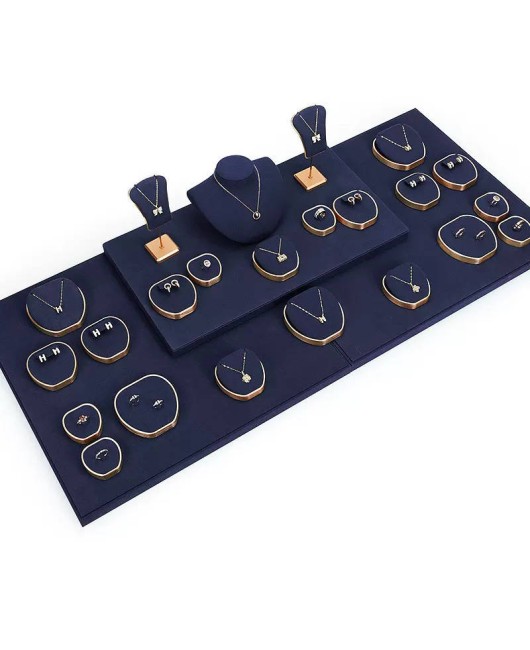 Retail Navy Blue Velvet Jewelry Display Set For Sale
