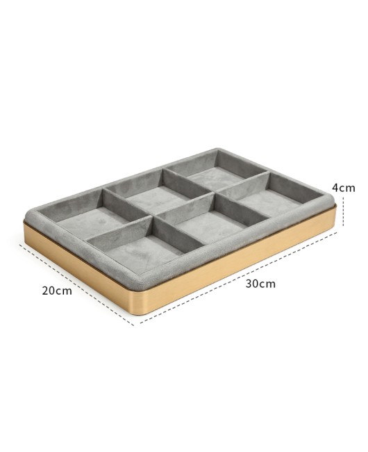 Luxury Gold Trim Light Gray Velvet Grid Jewelry Display Tray For Sale