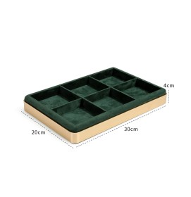 Platou de bijuterii de lux cu grilă verde din catifea, cu finisaje aurii