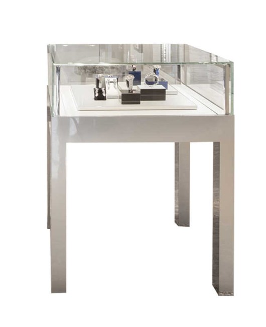 Tavolo espositore per gioielli in vetro bianco moderno di design personalizzato commerciale
