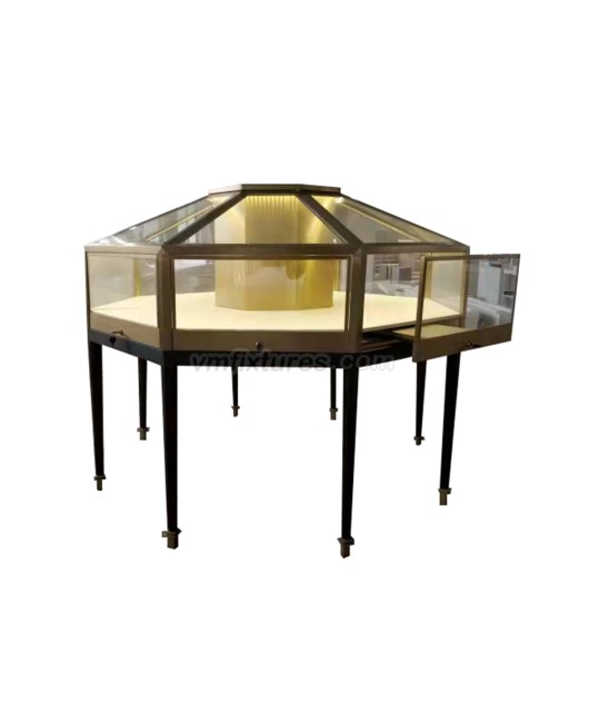 Luxury Custom Free Standing Octagonal Glass Jewelry Display Cases