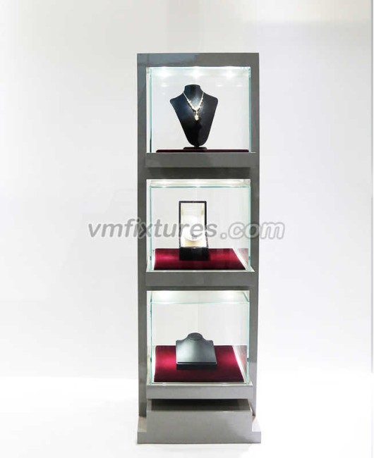 Custom Design Freestanding Retail Glass Jewelry Tower Showcase Display Case