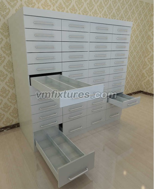 Creative Modern Wall Mount Retail White Metal Chemist Pharmacy Drawer Cabinet