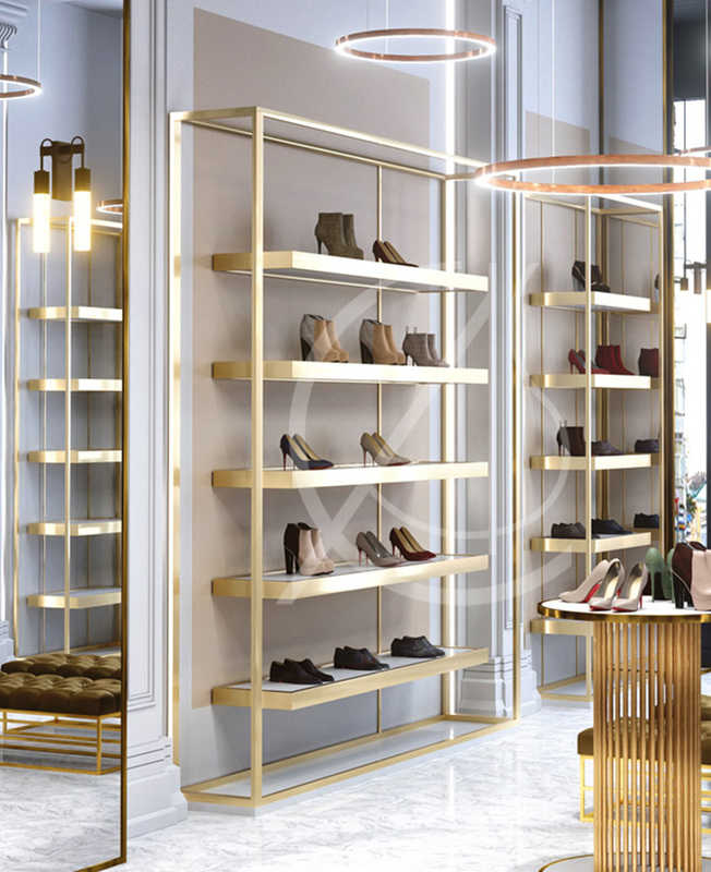 wall shoe display shelves  Shoe store design, Store shelves