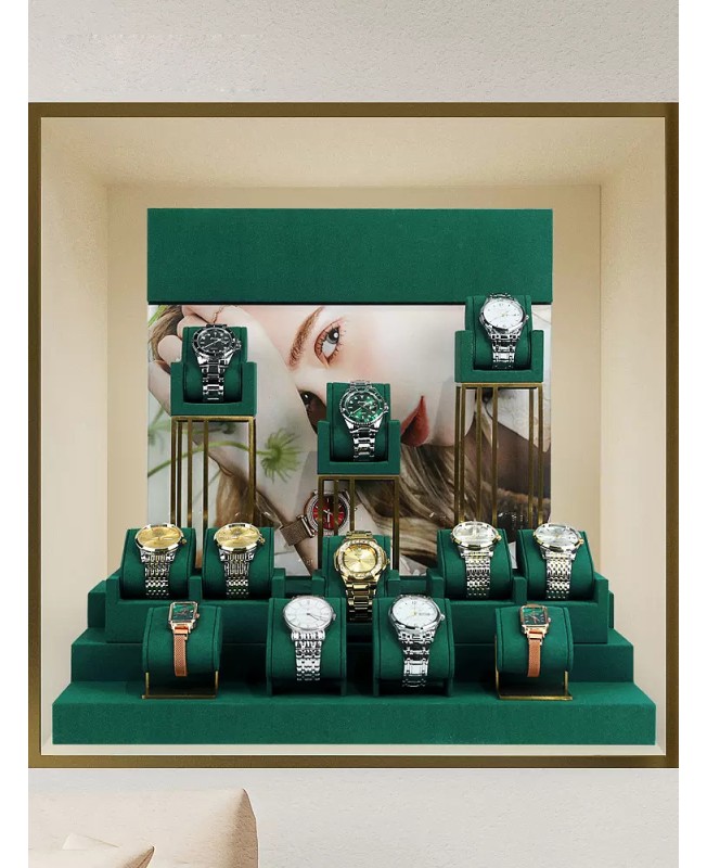 New Luxury Green Velvet Watch Display Set For Sale