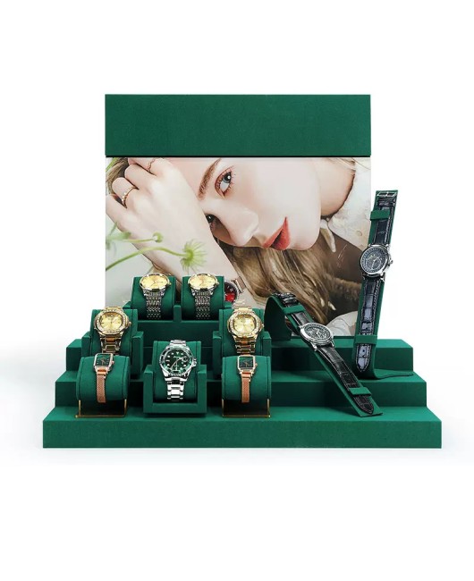 High End  Retail Green Velvet Watch Display Set For Sale
