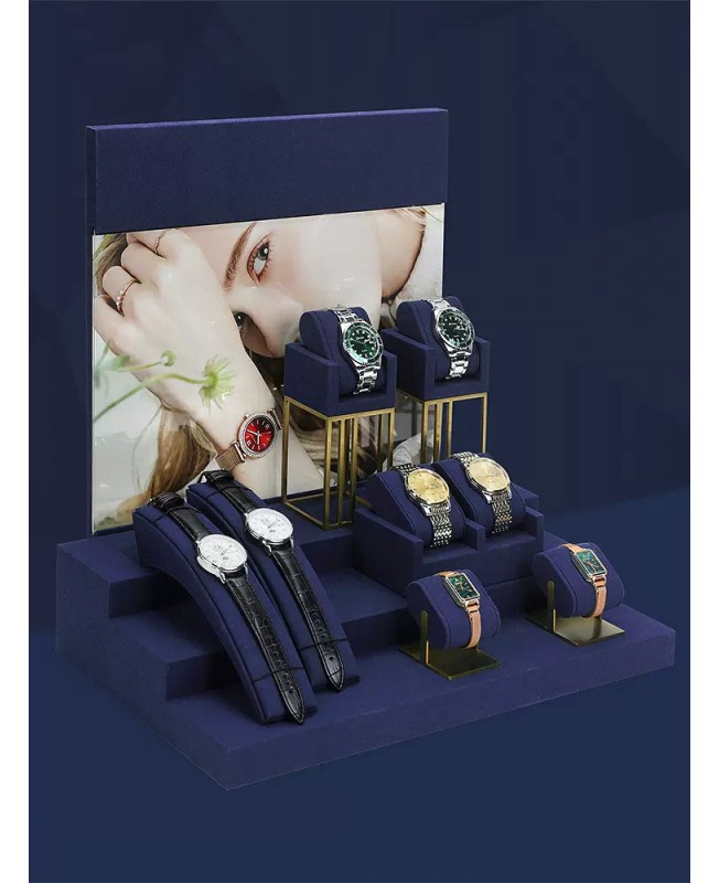 New Luxury Navy Blue Velvet Watch Display Sets For Sale