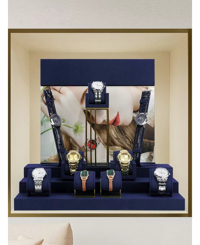 New Luxury Navy Blue Velvet Watch Display Sets For Sale