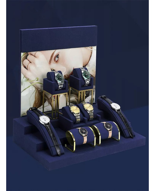 New Luxury Navy Blue Velvet Watch Display Sets For Sale