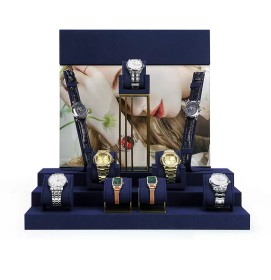 New Gold Metal Navy Blue Velvet Watch Display Set