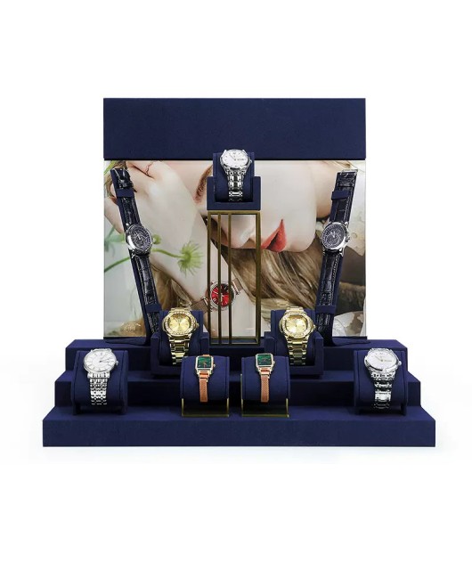 New Gold Metal Navy Blue Velvet Watch Display Set