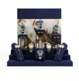 New Gold Metal Navy Blue Velvet Watch Display Set For Sale