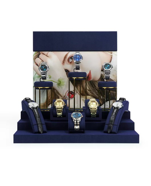 New Gold Metal Navy Blue Velvet Watch Display Set For Sale