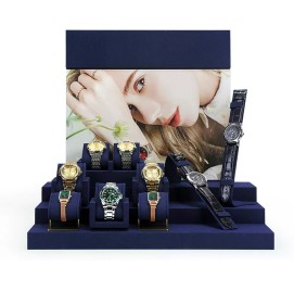 New Gold Metal Navy Blue Velvet Watch Display Stand