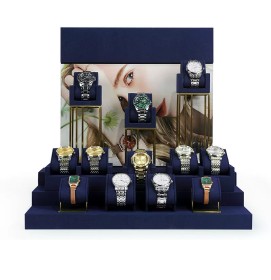 New Gold Metal Navy Blue Velvet Watch Display Stands For Sale