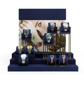 New Gold Metal Navy Blue Velvet Watch Showcase Display Set