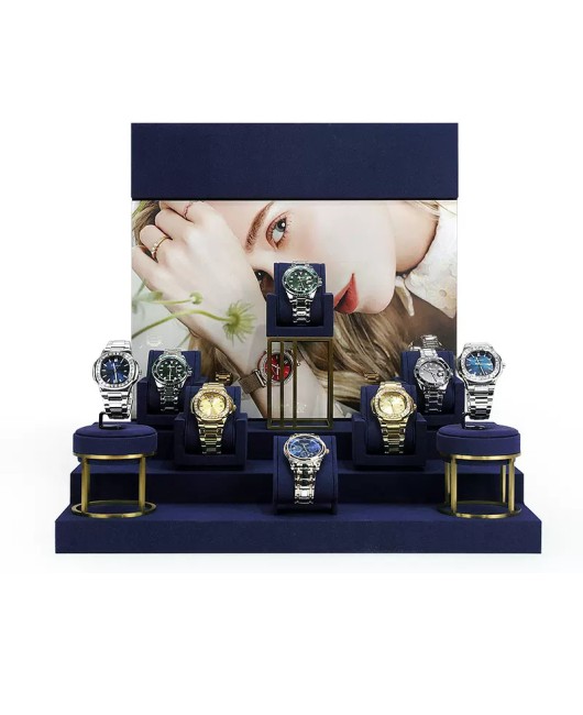 New Luxury Navy Blue Velvet Watch Showcase Display Set