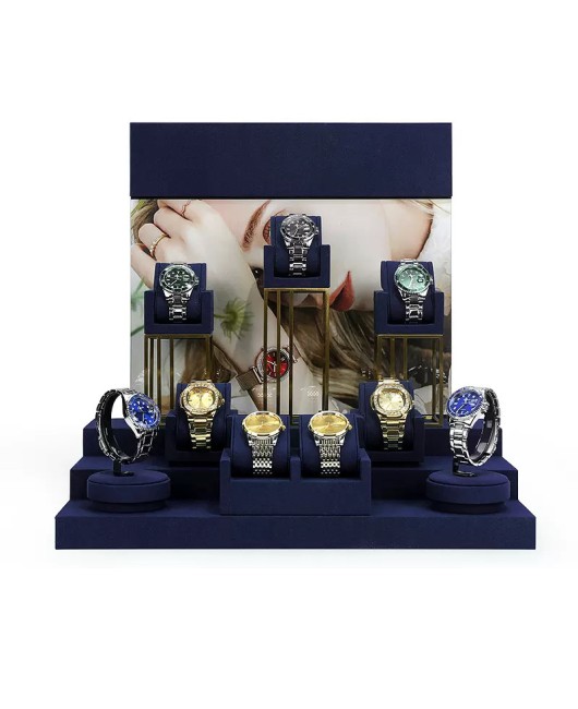 New Navy Blue Velvet Watch Display Set For Sale