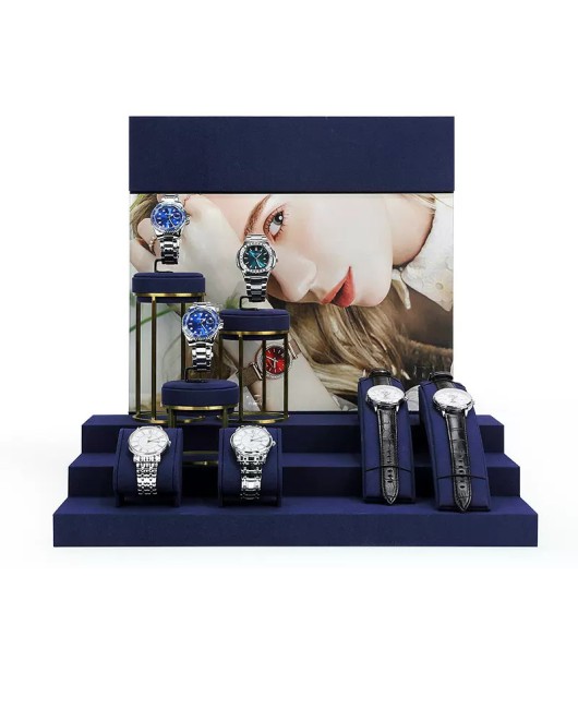 New Popular Gold Metal Navy Blue Velvet Watch Display Stand