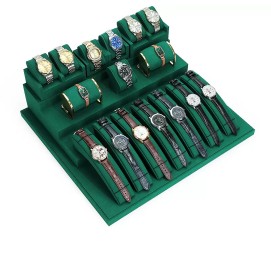 High End Retail Dark Green Velvet Watch Display Sets For Sale