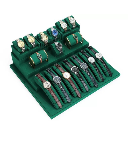 High End Retail Dark Green Velvet Watch Display Sets For Sale