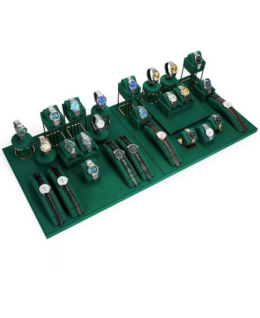 Modern Retail Dark Green Velvet Watch Display Sets For Sale