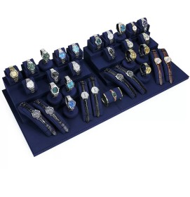 Modern Navy Blue Velvet Watch Showcase Display Set