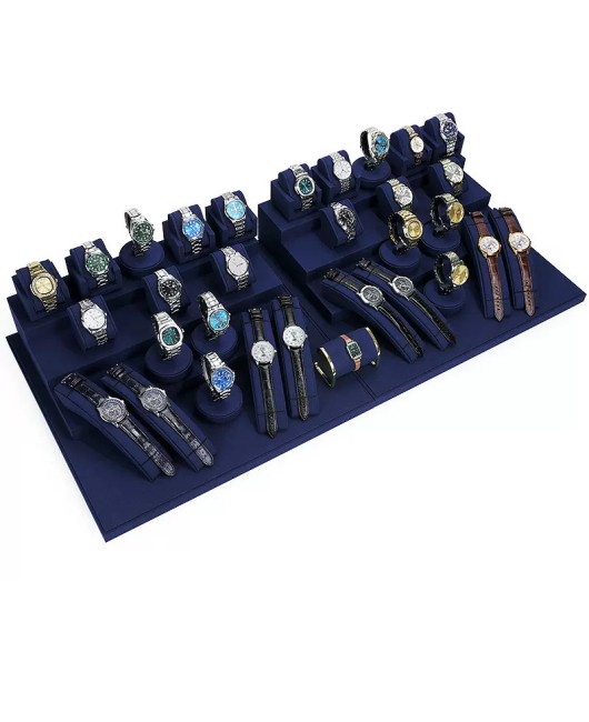 Modern Navy Blue Velvet Watch Showcase Display Set