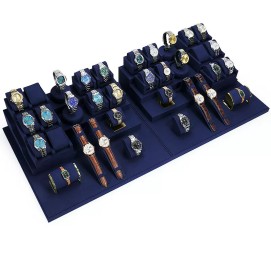 Popular New Navy Blue Velvet Watch Showcase Display Set