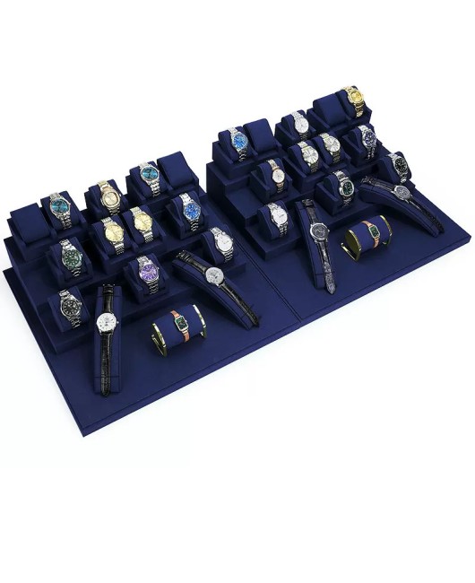 Wholesale Navy Blue Velvet Watch Showcase Display Set