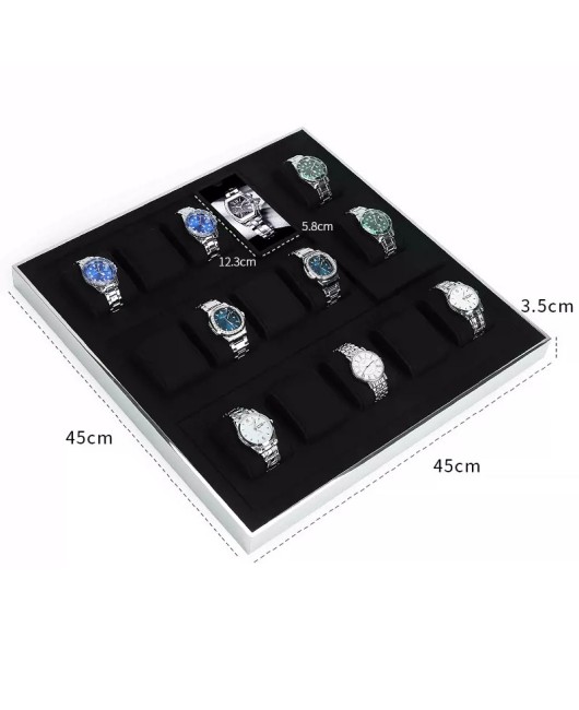 New Silver Trim Black Velvet Watch Display Tray