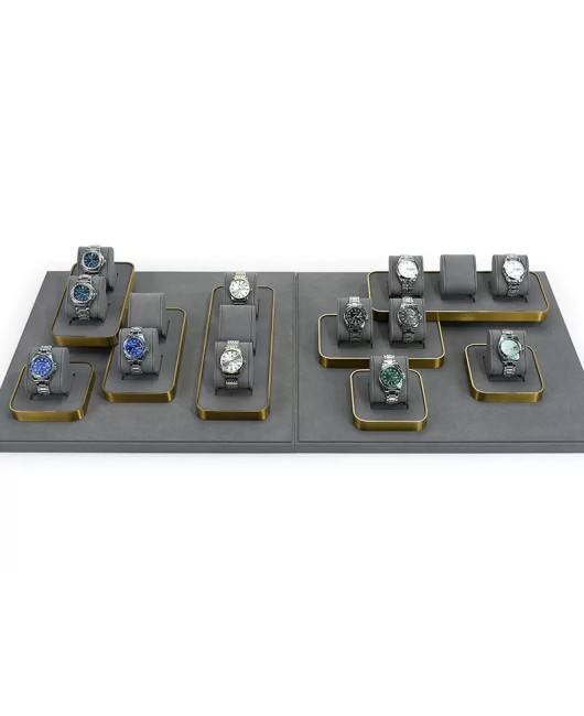 High End Gold Trim Dark Gray Velvet Watch Holder Tray