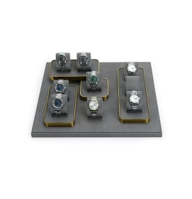 Luxury Gold Trim Dark Gray Velvet Watch Holder Stand Tray
