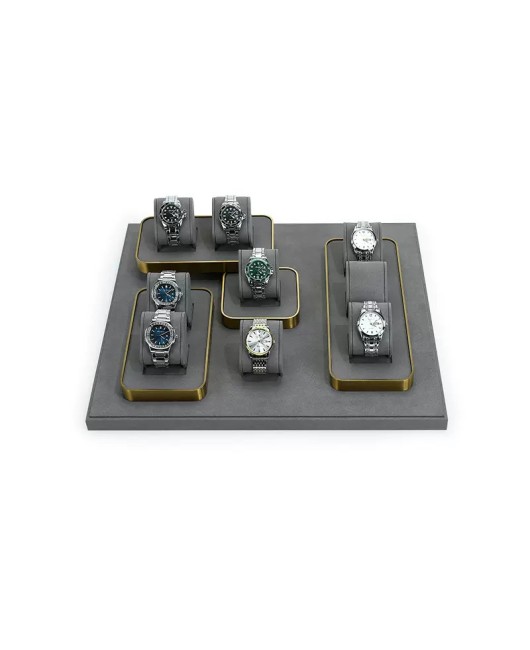 Luxury Gold Trim Dark Gray Velvet Watch Holder Stand Tray